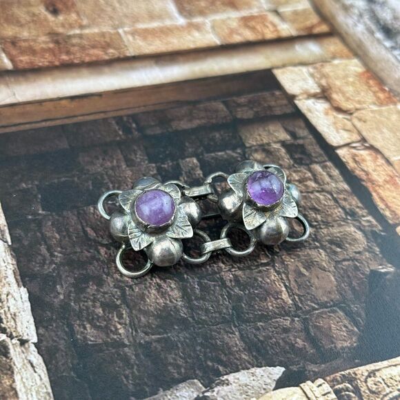 Unique Vintage Sterling Silver Flower Floral Links Amethyst Brooch Pin Mexico 2" - Picture 7 of 14